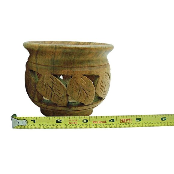 Handmade Hand Carved Wooden Bowl Trinket Dish Brown Round Shape Leaf Design 4x3 - Picture 6 of 11